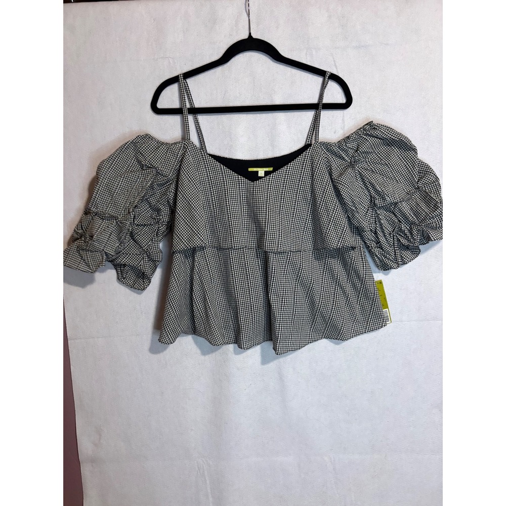 Gianni Bini Jenna Blouse Black white Gingham Cotton Off Shoulder Puff Sleeve M